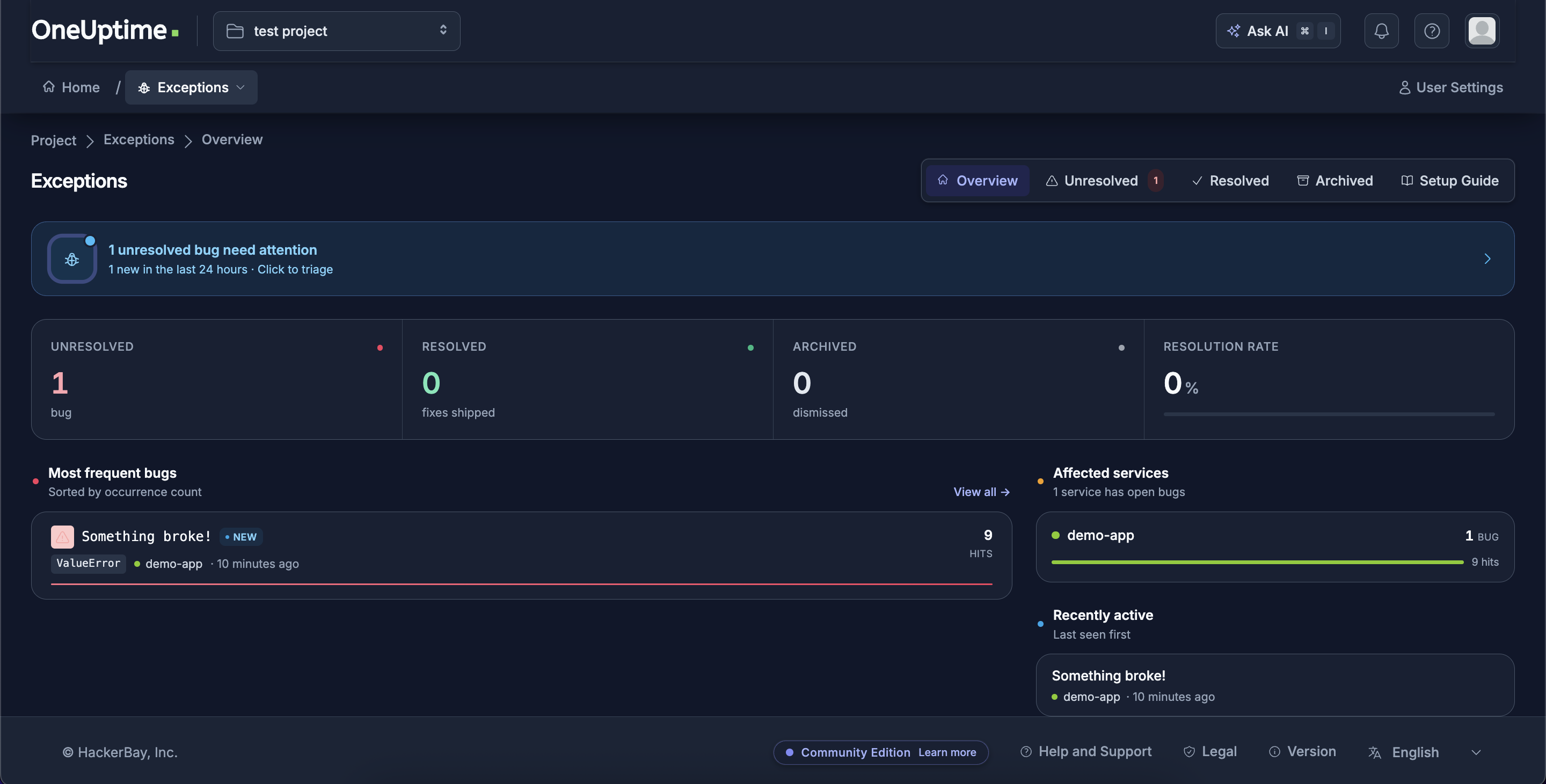 OneUptime Exceptions view showing a grouped issue with a Python traceback from the /error endpoint