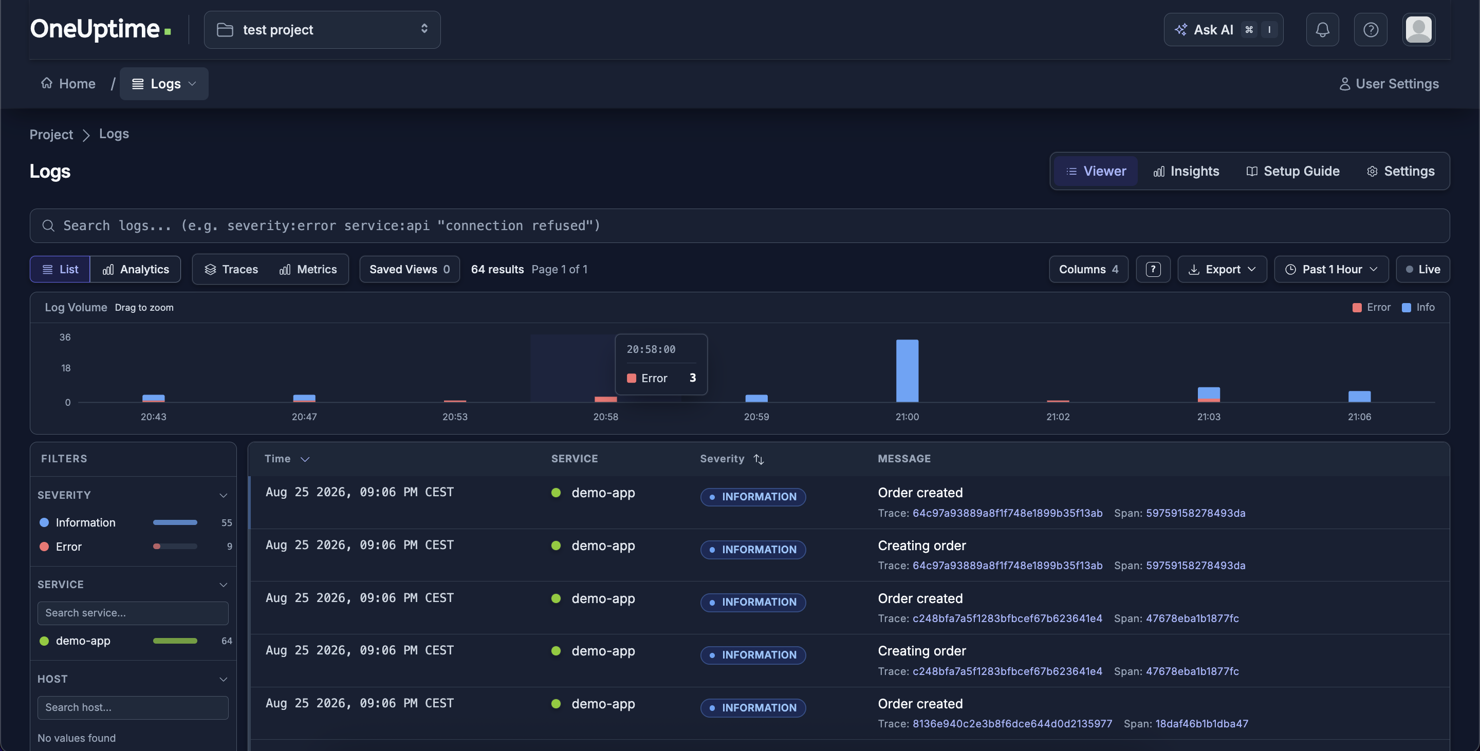 OneUptime logs view filtered to the demo-app service, showing log lines correlated with trace IDs